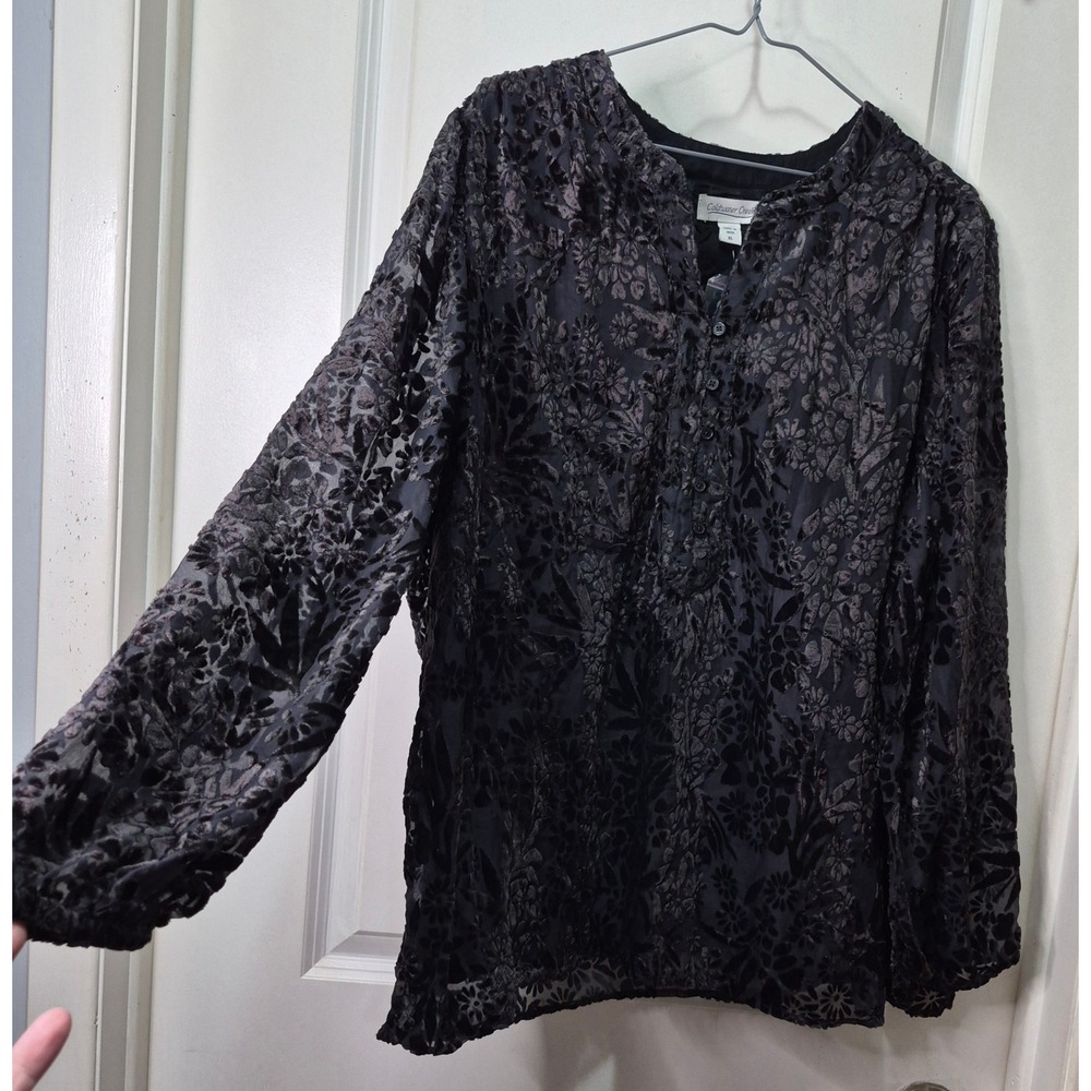 Coldwater Creek Black Burnout Velvet Floral Blouse XL Long Sleeve Button Front